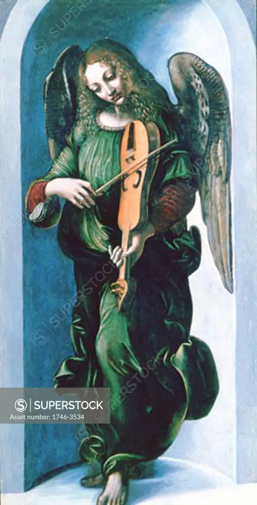 Angel in green playing a lute,  oil on wood,  School of Leonardo da Vinci,  1490
