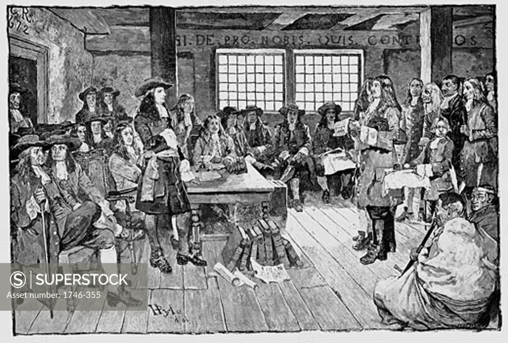 William Penn (1644-1718) English Quaker and colonialist, founder of Pennsylvania. Penn in conference with Colonialists, 1682. Engraving from 'Harper's Weekly', 1883