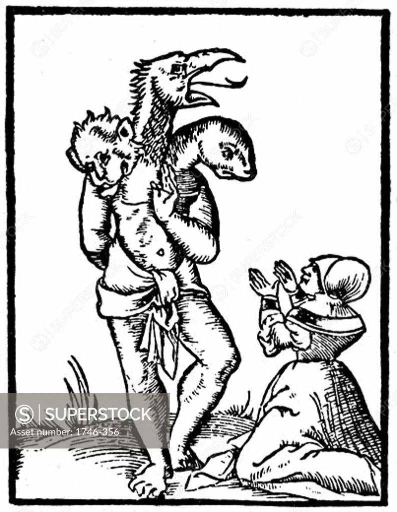 Witch summoning up a monster, Cosmographia universalis, Basle, 1544, Sebastian Munster, (1488-1552/Germany)