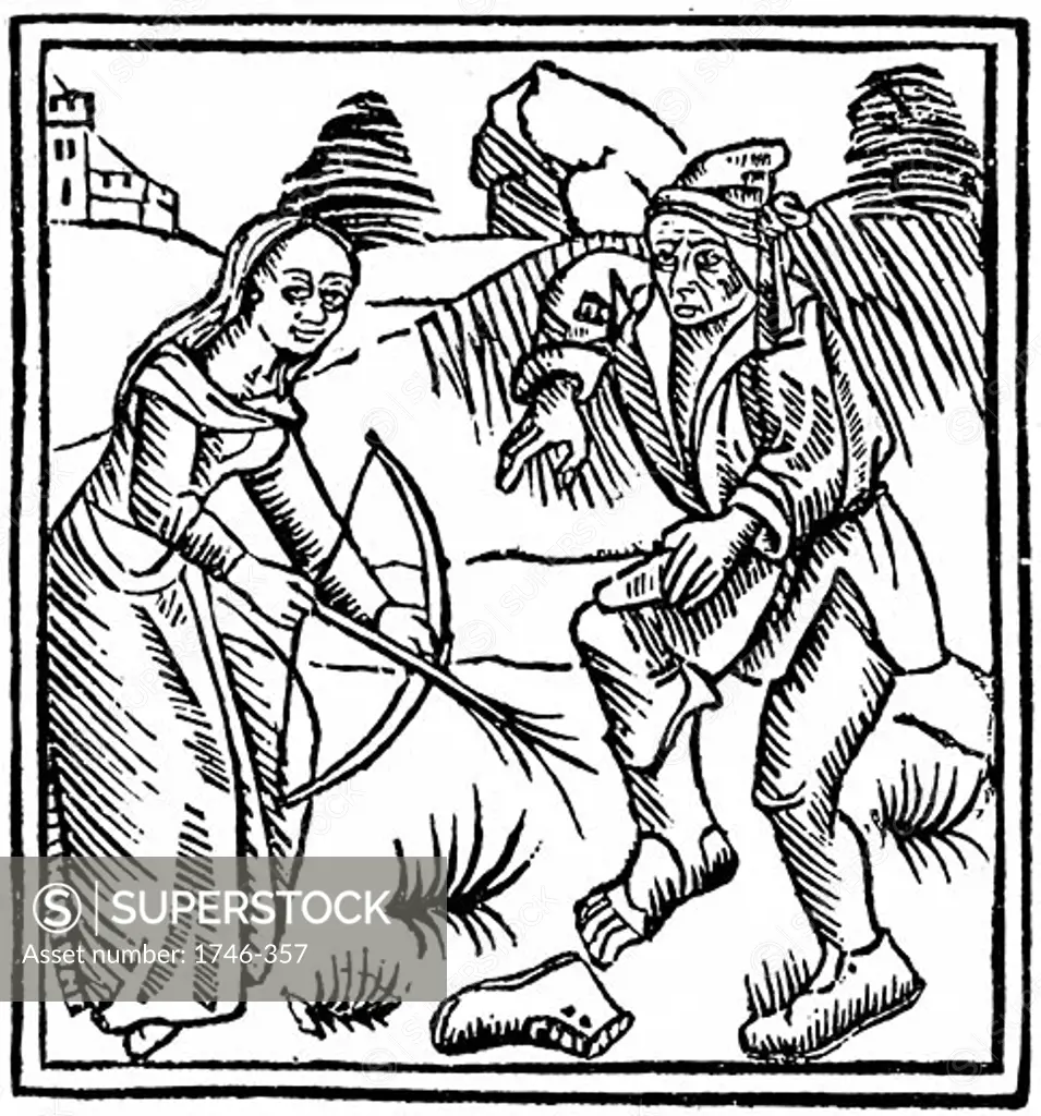 Witch shooting a man in the foot with an enchanted arrow made from a hazel wand., From De Laniis et phitonicis mulieribus by Ulrich Molitor, 1489, Woodcut