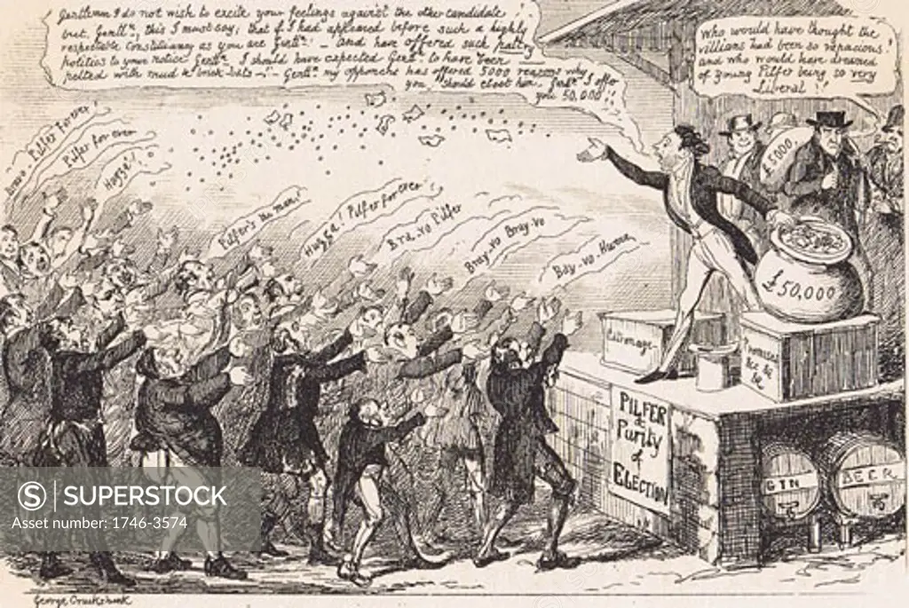 Show of Hands for a Liberal Candidate,  Electioneering and Bribery,  by George Cruikshank,  cartoon,  1843