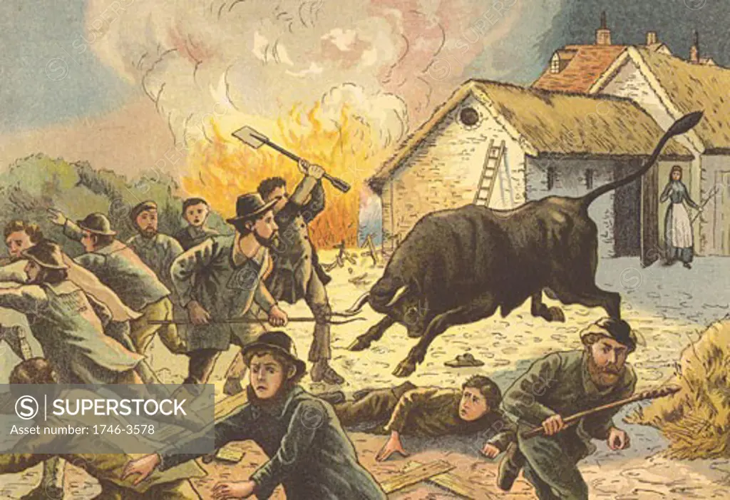 Farmer's wife letting out bull to frighten off agricultural workers attacking farm,  chromolithograph,  1880
