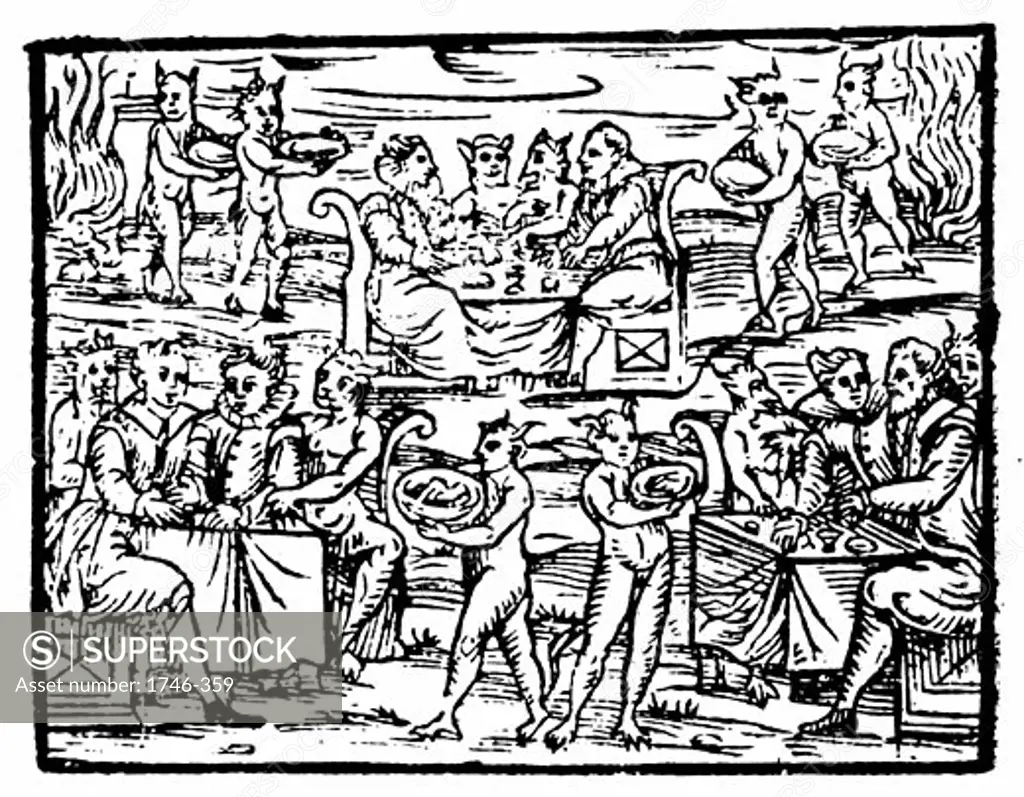 Witches and sorcerers feasting at the Sabbath. Woodcut from Francesco Maria Guazzo Compendium Maleficarum, Milan, 1608