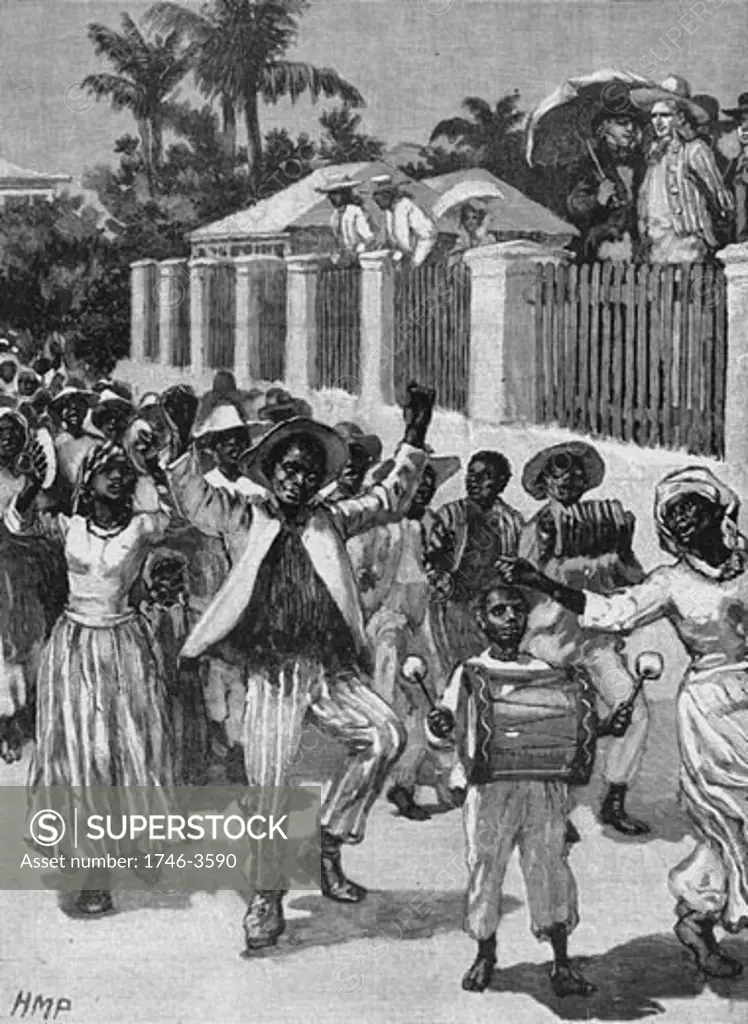 Emancipation festival in Barbados celebrating freeing of slaves,  illustration,  1880