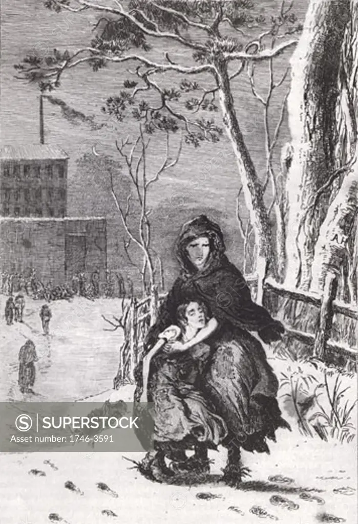 Mother urging her child to go to work in mill,  Illustration from Frances Trollope 'The Life and Adventures of Michael Armstrong',  London,  1840