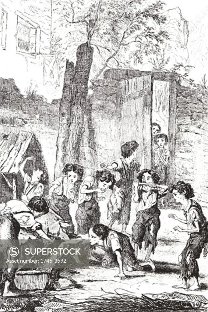 Half-starved factory children stealing food from pig trough,  Illustration from Frances Trollope 'The Life and Adventures of Michael Armstrong',  London,  1840
