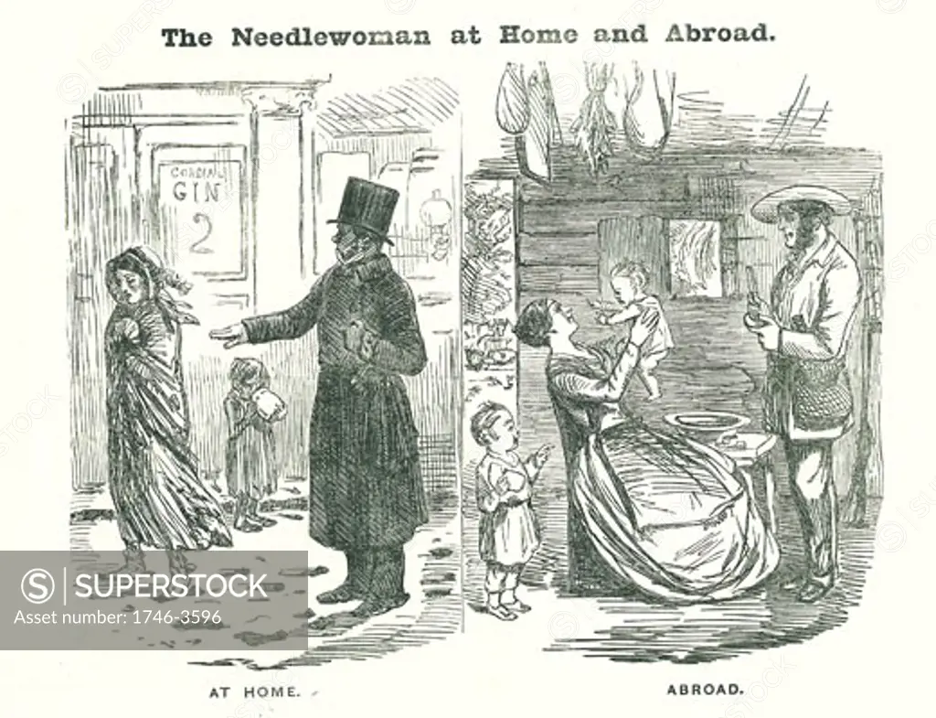 The Needlewoman at Home and Abroad,  Cartoon from 'Punch',  London,  1850