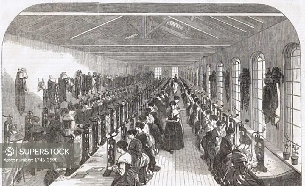 Pen slitting room,  Hinks,  Wells & Co factory in Birmingham,  Illustration from 'The Illustrated Midland News',  22 February 1851