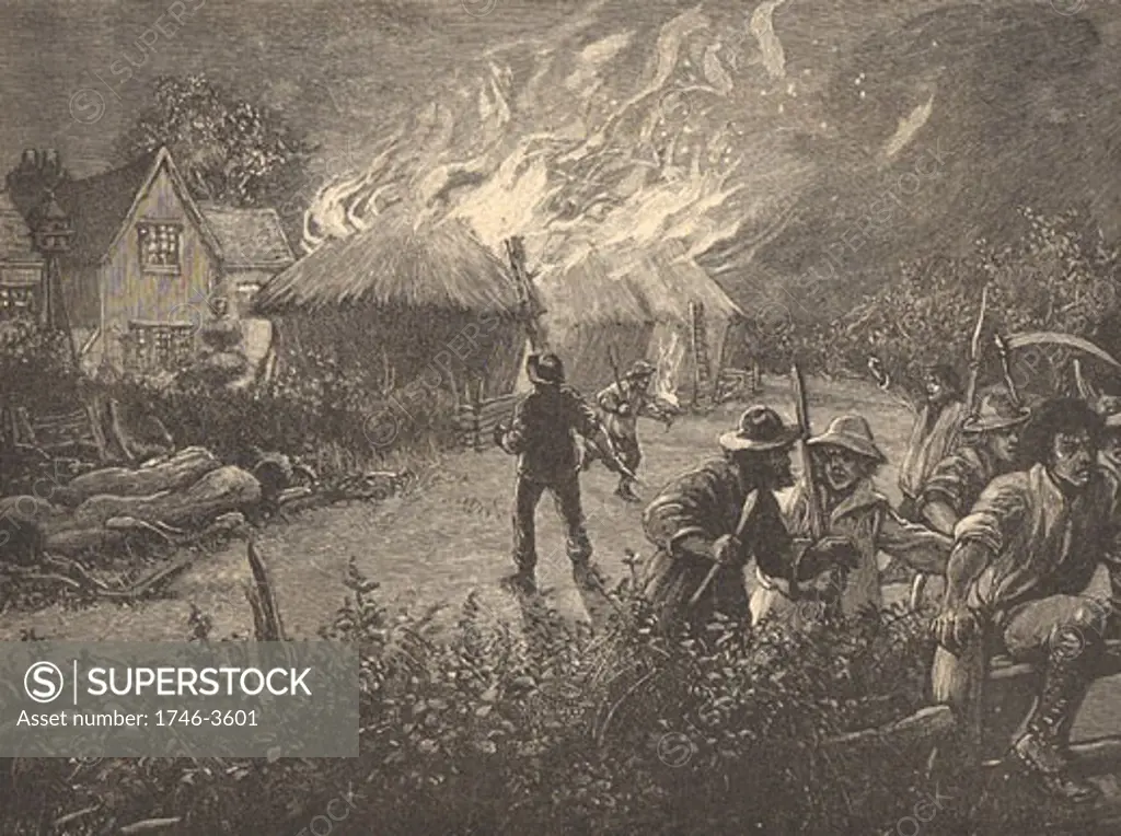 Kentish agricultural workers attacking farm at night,  engraving,  1890