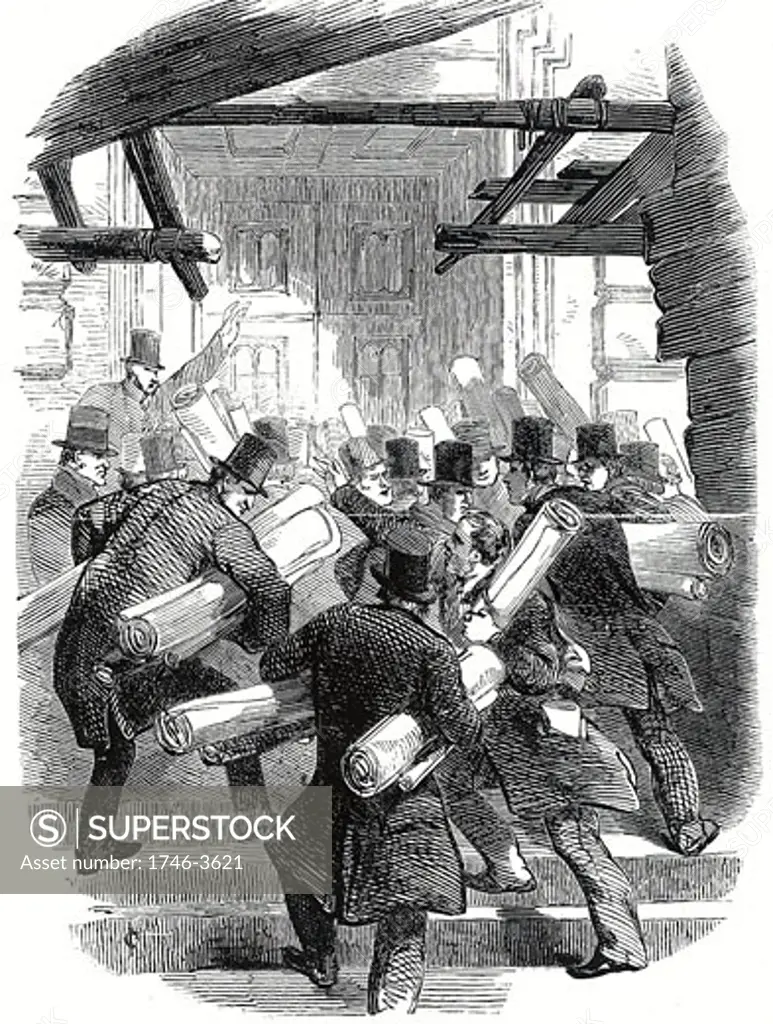 Railway mania,  Rushing to deposit railway plans,  Illustration from 'The Illustrated London News' 6 December 1845