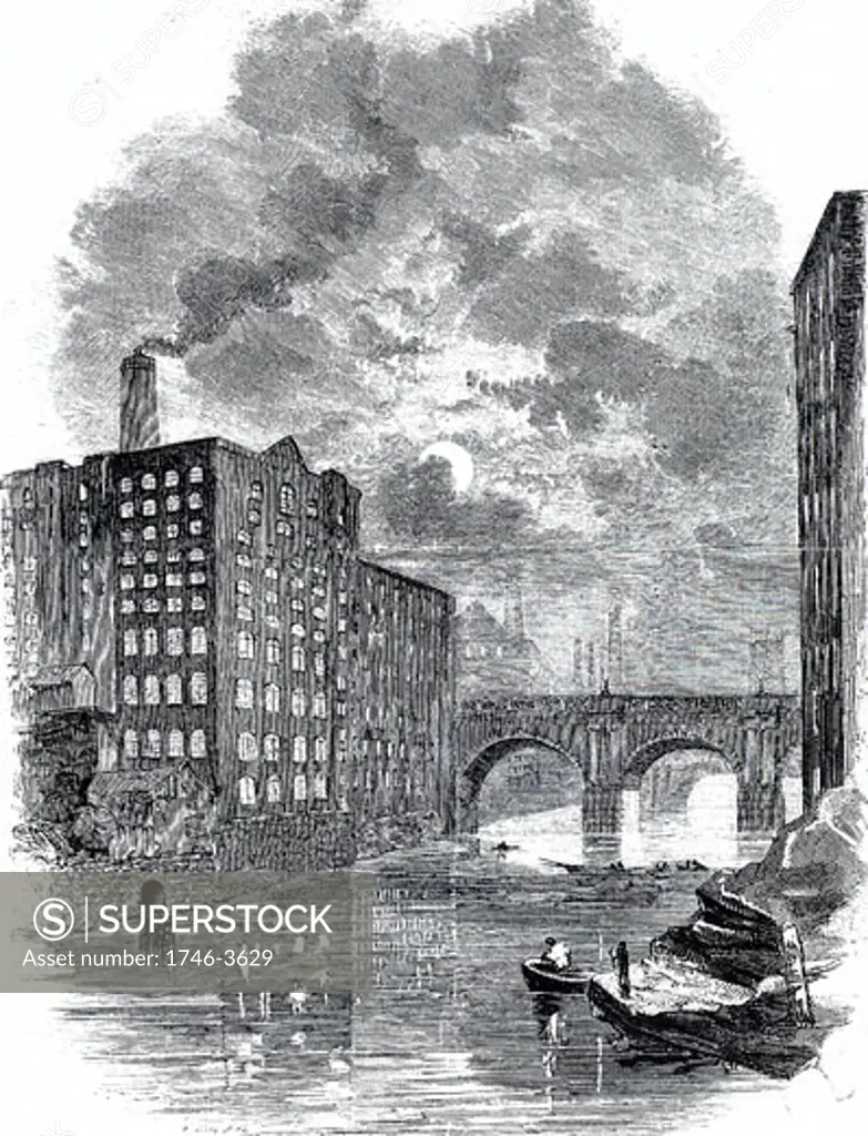 Manchester at night,  view of cotton mills from river Irwell,  engraving,  1850