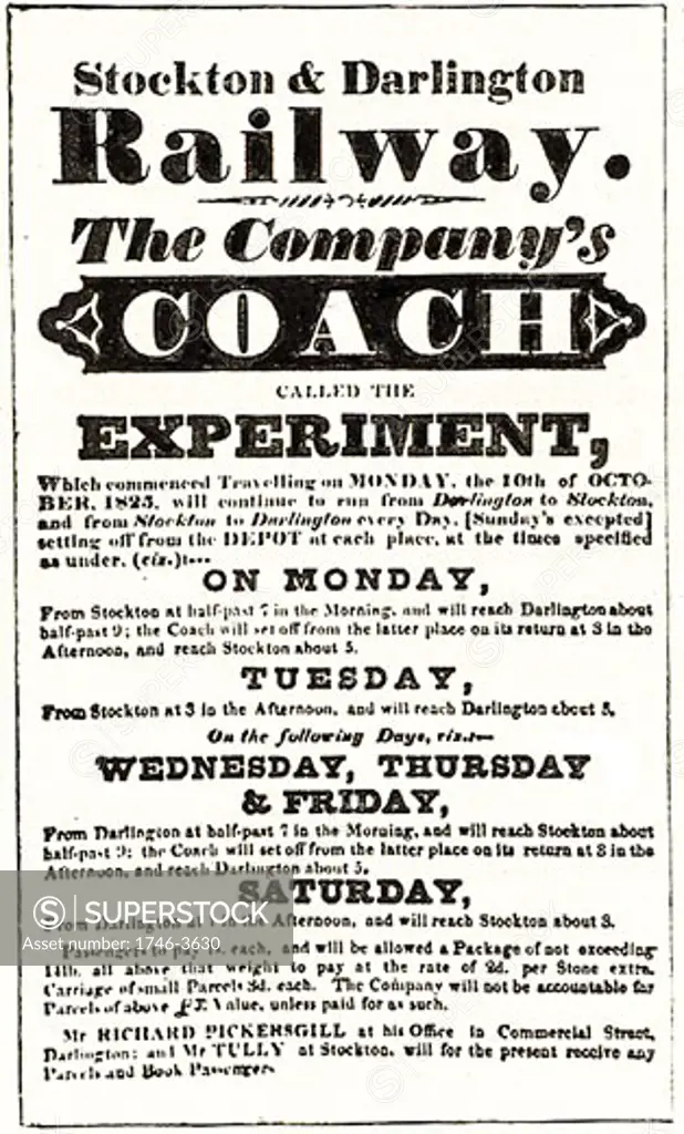 Stockton & Darlington Railway,  Advertisement for first passenger railway carriage in 1825