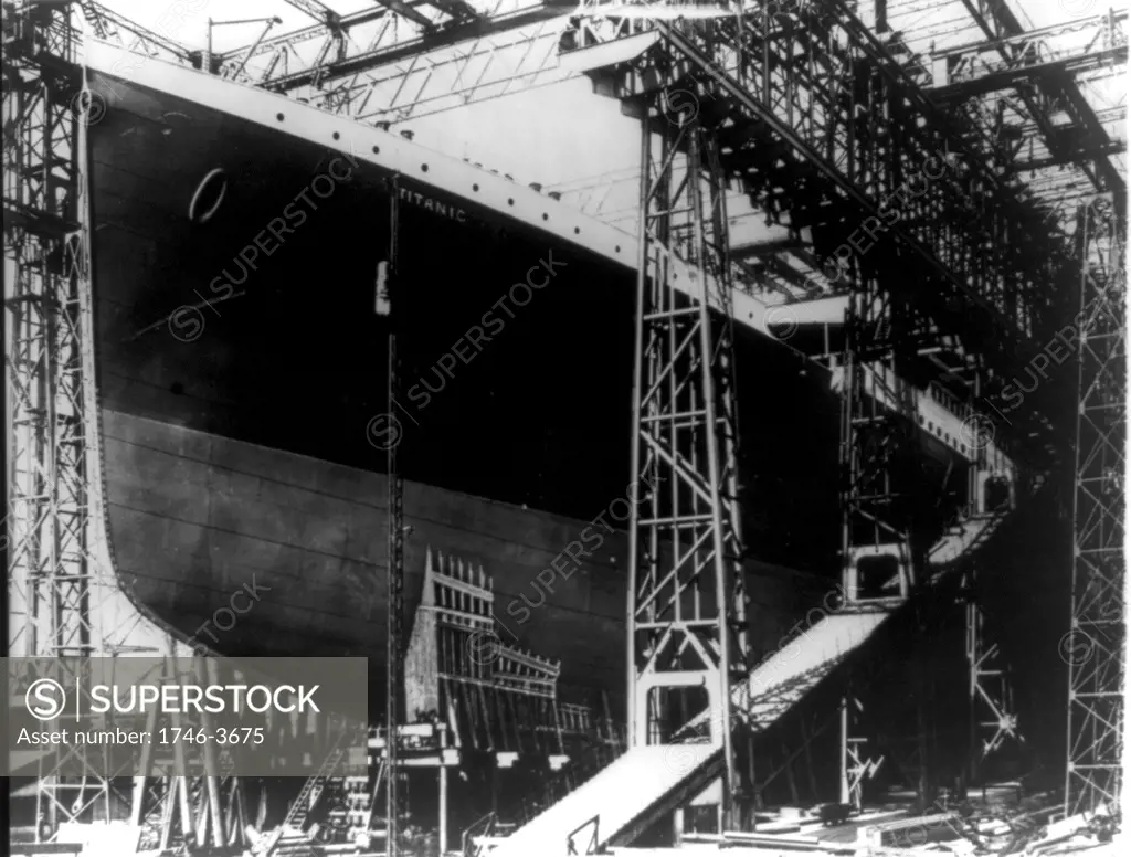 The Titanic, White Star, Liner on the stocks in Harland & Wolff's shipyard, Belfast, Northern Ireland.  She sank on 12 April 1912 after striking an iceberg on her maiden voyage to New York . More than 1,500 lives lost. Disaster Shipwreck