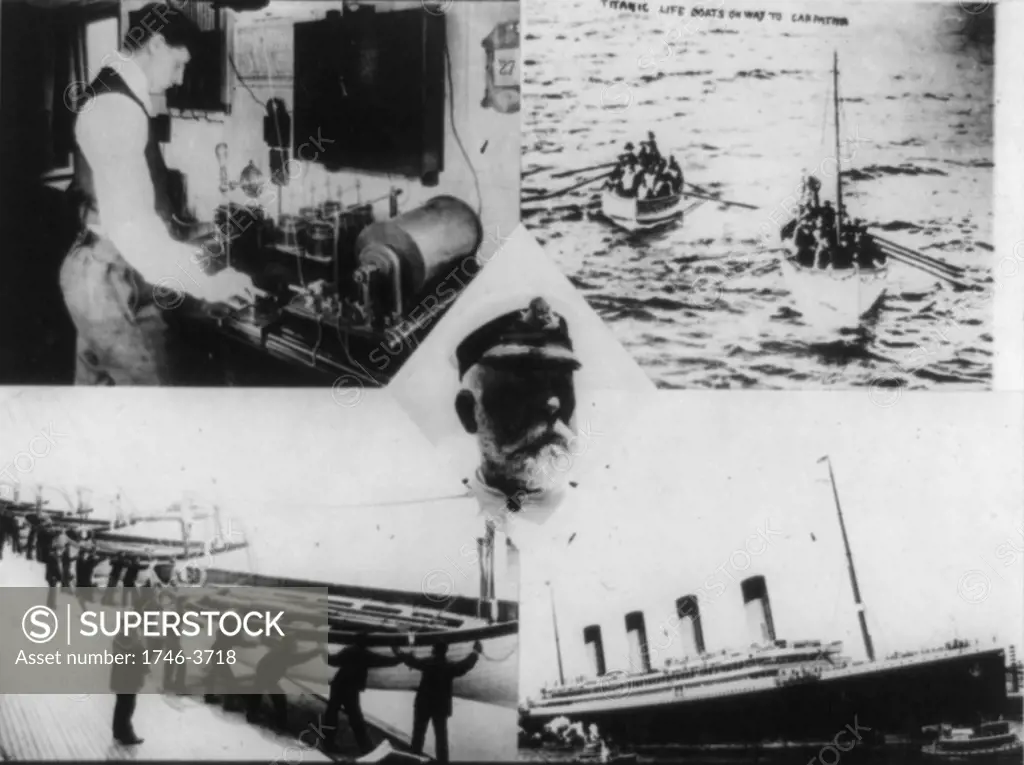 Loss of RMS Titanic which struck an iceberg on 12 April 1912.  Wireless operator on SS Carpathia receiving distress message: Captain Smith of the Titanic: Lifeboats bringing survivors to the Carpathia. Shipwreck  Disaster
