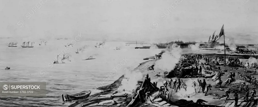 Chincha Islands War 1864-1866 between Spain and her former South American colonies. Bombardment of Callao, 2 May 1866, Spanish warships firing on Peruvian coastal defences. Print 1868.