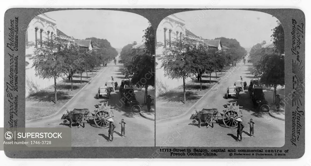 Street in Saigon, French Cochin-China, c1915.  Saigon, South Vietnam was the capital and commercial centre of French colonialism in French Indo-China. Pair of stereoscope photographs. Transport Bullock Cart