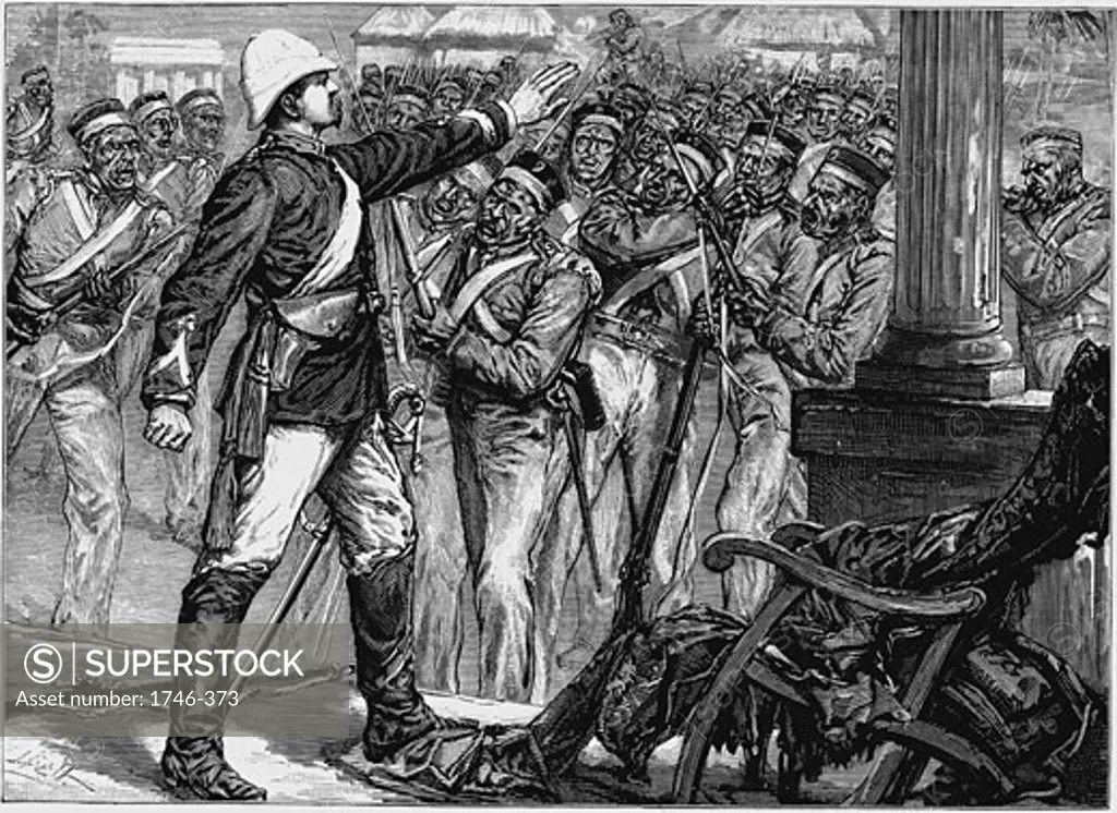 Indian Mutiny (Sepoy Mutiny) 1857-1859: Lt. De Kantzow at Mynpooree holding the mutineering 9th Sepoys at bay for three hours until rescued by an influential Indian., Wood engraving published London, c1880