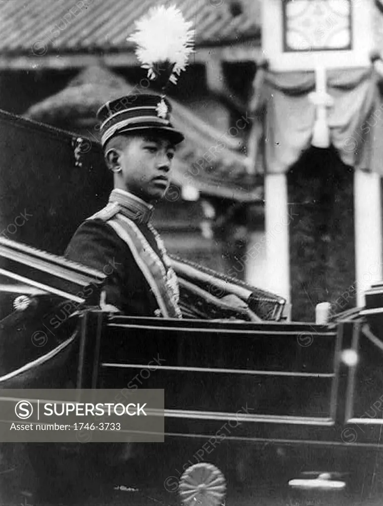 Hirohito, Emperor Showa (1901-1989), 124th Emperor of Japan from 1926.   Hirohito in 1912 when on the death of his grandfather Emperor Meiji he became heir apparent. Head and shoulders view of him riding in a carriage.