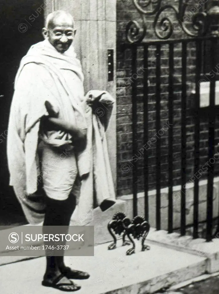 Mahatma K Gandhi (1869-1948)  Indian Lawyer and leader of the movement for India's independence, visited Britain in 1931, ,to attend the second Round Table conference. he visited the British Prime Minister, Ramsay MacDonald, at 10 Downing Street.