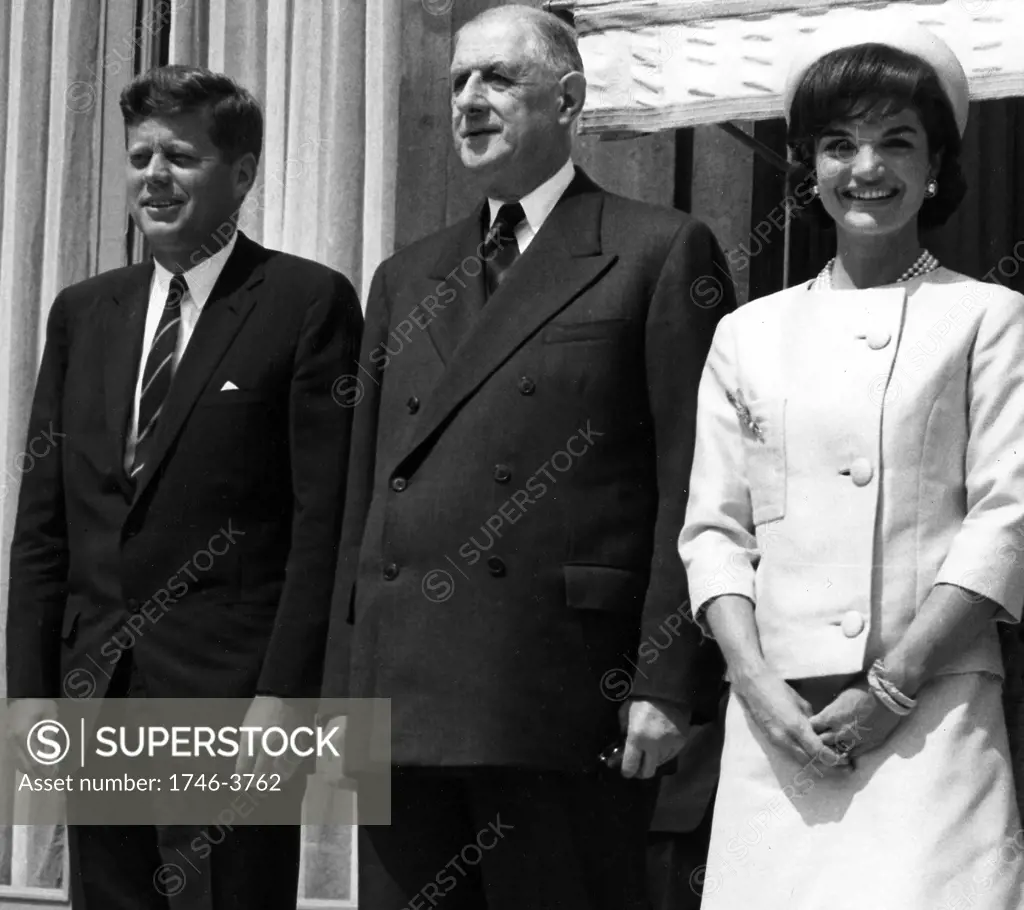 US President John Kennedy, President Charles de Gaulle and Jackie Kennedy in Paris at the Elysee Palace May 31, 1961