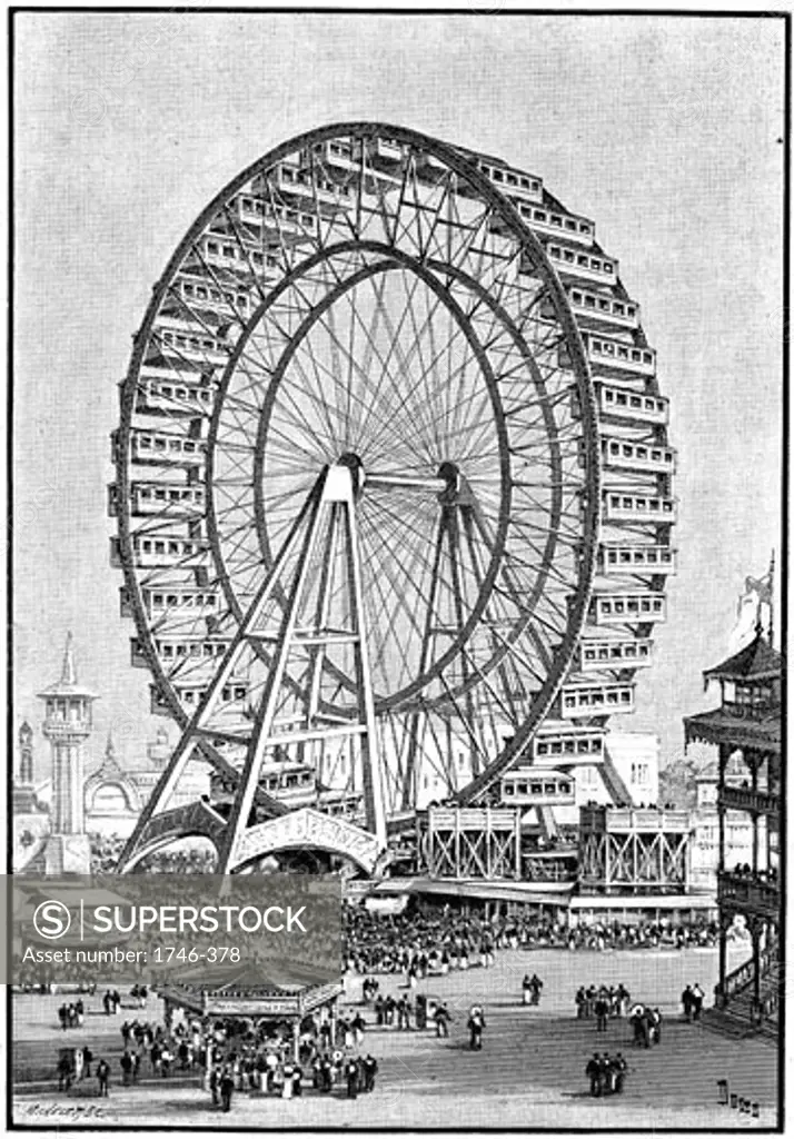 International Exhibition, Chicago, USA, 1893. The giant Ferris wheel.  Illustration 1893