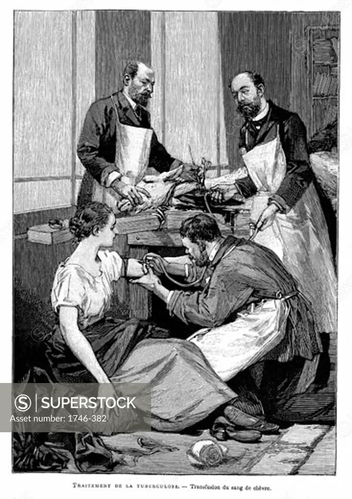 Blood transfusion from a goat at Dr Bernheim's clinic. Engraving, Paris, 1891.