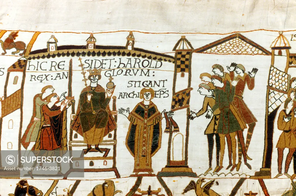 Bayeux Tapestry 1067. Harold II crowned King of England, 6 January 1066. Harold enthroned holding orb and sceptre, Archbishop Stigand on his right. Anglo-Saxon Coronation Ceremony Christian Textile Embroidery Linen