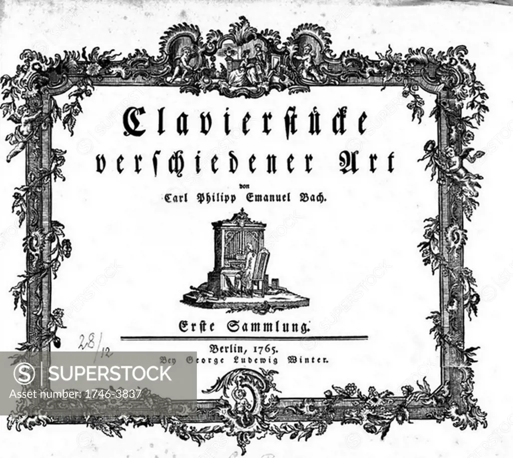 Title page of 'Clavierstucke verschiedener Art', 1765, by Carl Philipp Emanuel Bach (1714-1788) German musician and composer, second son of Johann Sebastian Bach. Klaviersteucke Keyboard  Music