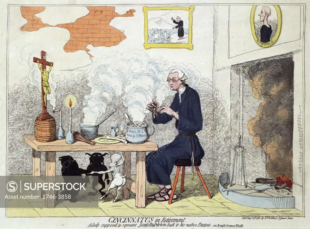 Cincinnatus in Retirement: Edmund Burke (1729-1797) Anglo-Irish statesman, out of office in 1780, shown at home as a Jesuit eating potatoes, comparing him to the Roman dictator on his farm. Devils Religion Anti-Catholic Gillray Satire