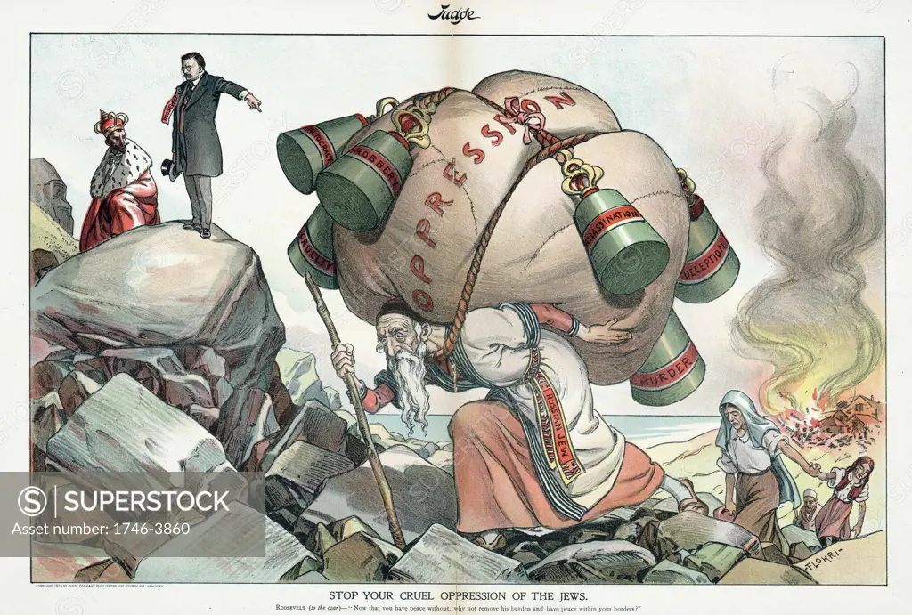 Stop Your Cruel Oppression of the Jews', 1904. Emil Flohri (1869-1938) American artist. Theodore Roosevelt admonishing Tsar Nicholas II over treatment  of Russian Jews. Anti-Semitism Pogrom Refugee  Persecution Misery