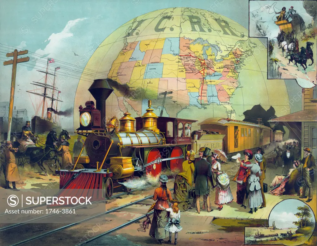 Train in station on Illinois Central Railroad. Background, a map of ICRR  lines in US, c1882.  Transport Steam Locomotive Cowcatcher Headlight Passenger Ship Canal Barge Stagecoach Horse Carriage Telegraph America Chromolithograph