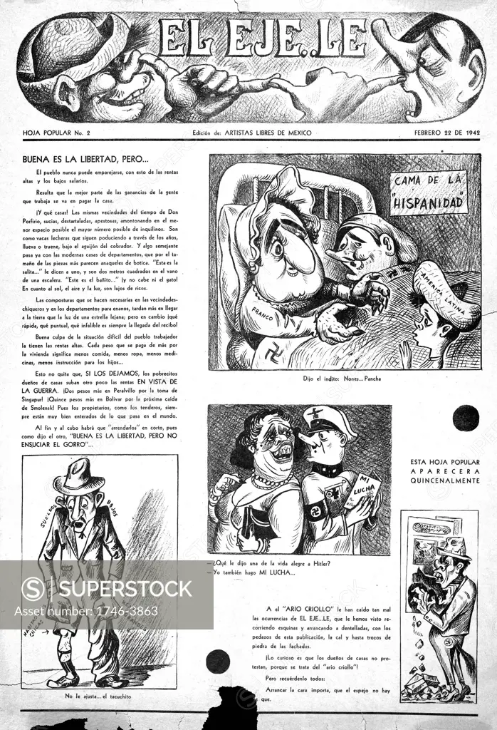 Anti-fascist cartoons in broadside, El Eje. Le, Mexico, 23 February 1942. Title: Mexican cocking a snook at Hitler. Franco, in bed with Hitler, opens arms to Latin America. Centre: Hitler holding a copy of his Mein Kampf (Mi Lucha) with Franco.