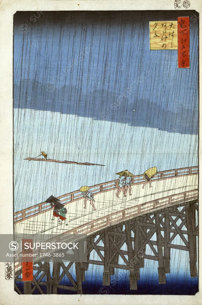 Sudden Shower over Oshashi Bridge and Atake ', 1857. Utagawa Hiroshige (1797-1858) Japanese Ukiyo-e artist  'One Hundred Famous View of Edo' (Tokyo). Pedestrians caught in heavy rain on wooden bridge. Civil Engineering Weather