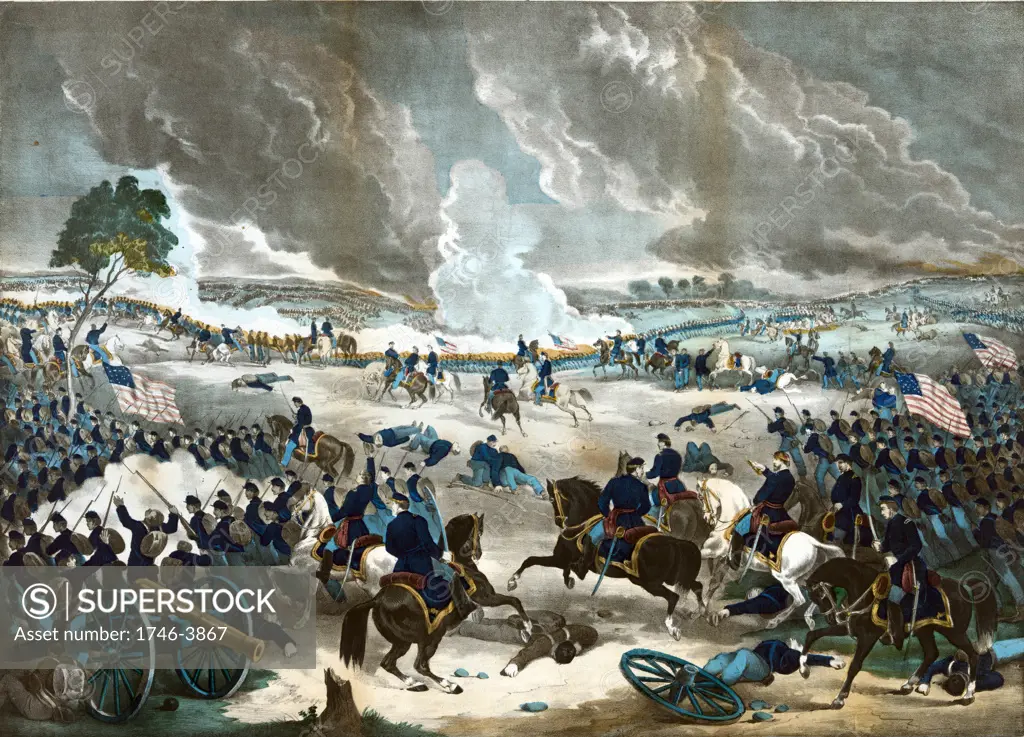American Civil War 1861-1865: Battle of Gettysburg 1-3 July 1863, ending Lee's invasion of the North.  Union infantry advancing from the right. Print of 1867. Fighting Action Soldier Flag Weapon Rifle Bayonet Field Gun Fire Smoke