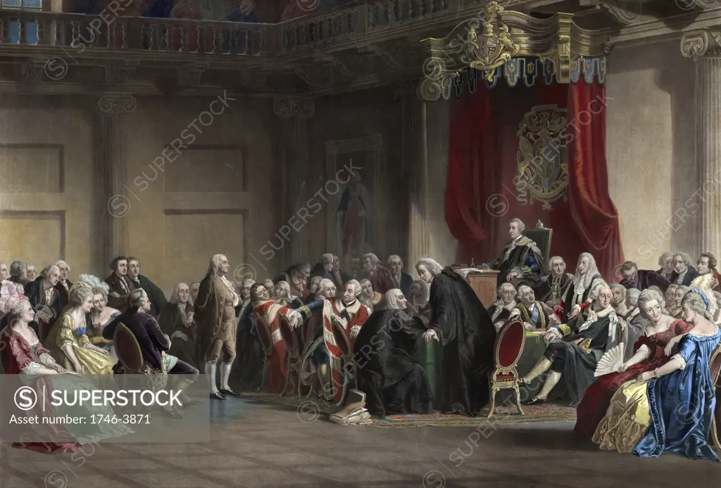 Franklin before the Lord's Council, Whitehall Chapel, London, 1774. Christian Schuessele (c1824-1879), American painter. Benjamin Franklin presenting the concerns of the American colonists. England Britain Colonialism