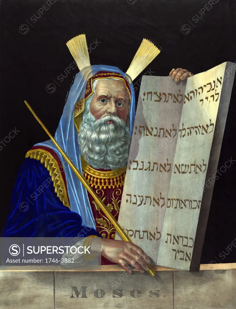 Moses, religious leader and principal prophet of  Israelites. Half-length 'portrait' of Moses facing right, holding the tablets inscribed with the Ten Commandments given him by God on Mount Sinai. Hand-coloured lithograph c1874.  Judaism