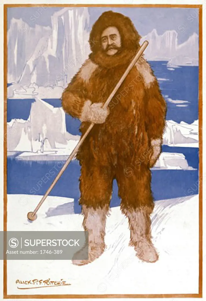 Robert Edwin Peary (1856-1920) American naval officer and explorer, generally credited with being leader of first successful expedition to the North Pole (1909). Cartoon published London, 1909