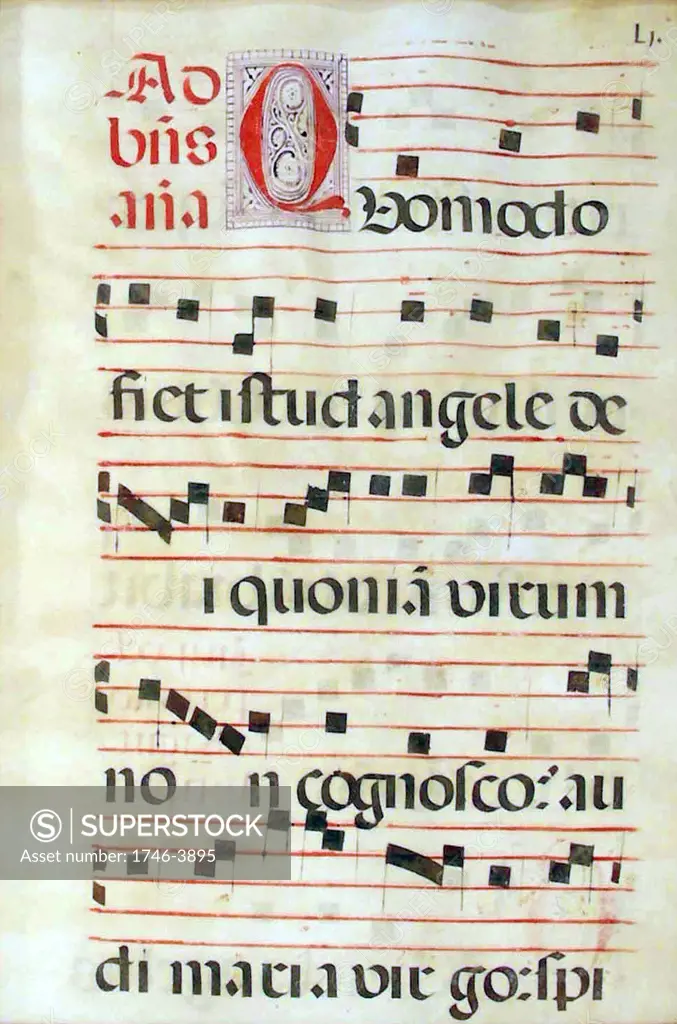 Leaf of Antiphonal or Choir Missal on vellum. Notation is on the five-line stave as used today. Text is in Latin. Spain,  c1650. Music Vocal  Religion Christian