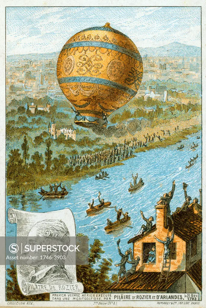 First manned free balloon flight, Pilatre de Rozier and the Marquis d'Arlandes, 21 November 1783, in  Montgolfier (hot air) balloon from the Bois de Boulogne, Paris,  France, travelling 9km in 25 minutes. Aeronautics Aviation  Ballooning