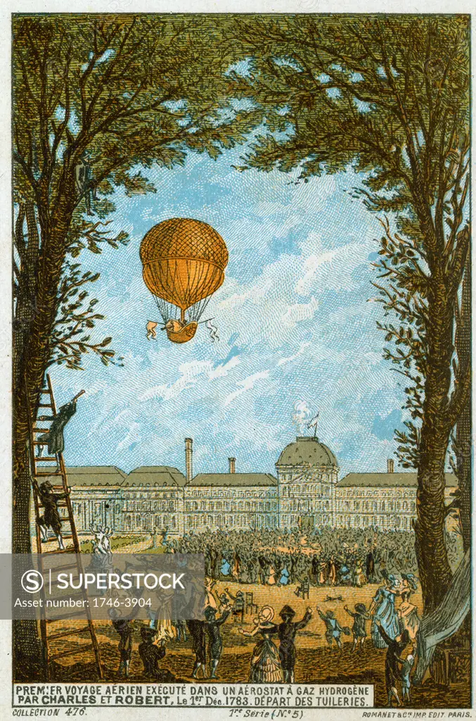 First manned flight  in a hydrogen-filled balloon made by Jacques Charles and Nicolas-Louis Robert from the Tuileries, Paris, France, 1 December 1783. Travelled 36km in 2 hours 5 minutes. Aeronautics Aviation Ballooning Flying