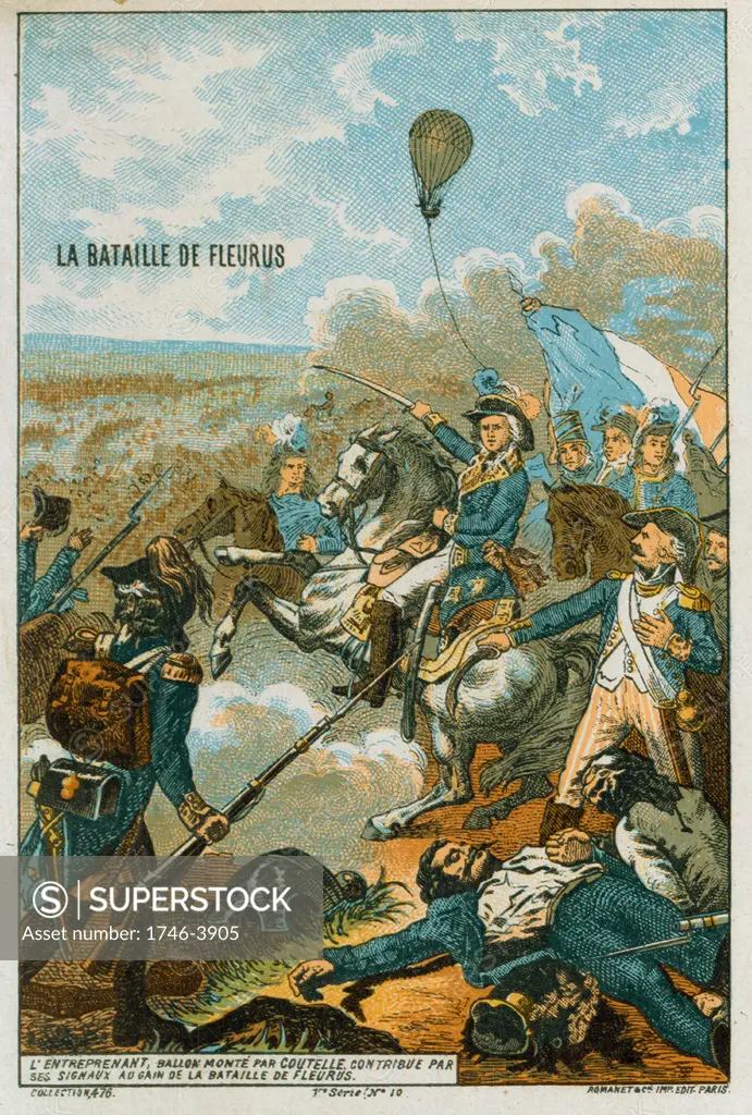 Battle of Fleurus 26 June 1794, French Revolutionary Wars. Use of 'The Entreprenant' as  reconnaissance balloon the first use  of a balloon in warfare, contributed to French victory.  Prunt c1883.  Aeronautics Aviation Ballooning