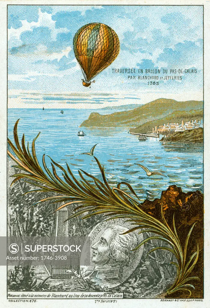 First balloon crossing of English Channel, 7 January 1785 by Jean-Pierre Blanchard, French inventor, and American Dr John Jeffries from Dover to Guines, 2 hours 30 mins. Chromolithograph c1883.   Aeronautics Aviation Ballooning