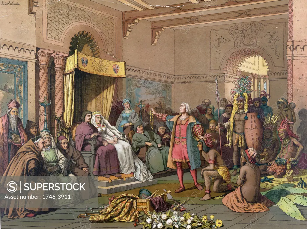 Columbus at the Court of Barcelona' before Ferdinand II of Aragon and Isabella of Castile on his return from his first voyage to the New World, February 1493, presenting treasures and Native Americans. Chromolithograph 1893.