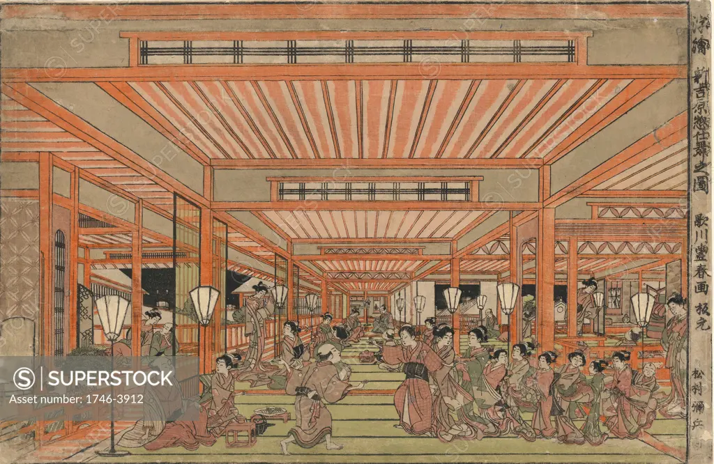 Cleaning out in Shin-Yorshiwara: Edo (Tokyo) red light district, c1775.  Women collecting together in open hall. Some women are still with clients. Utagawa Toyoharu (1735-1814) Japanese Ukiyo-e artist.  Entertainment Prostitution