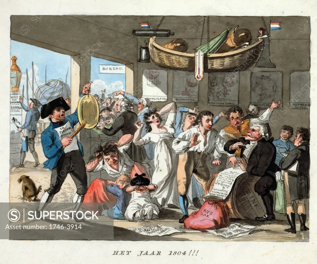 Dutch cartoon, 1794 predicting  advance of ballooning by 1804. Basket/gondola hangs from the ceiling, women and children in hysterics as two prospective aeronauts make wills. Prints of French ballooning accidents on wall. Aeronautics