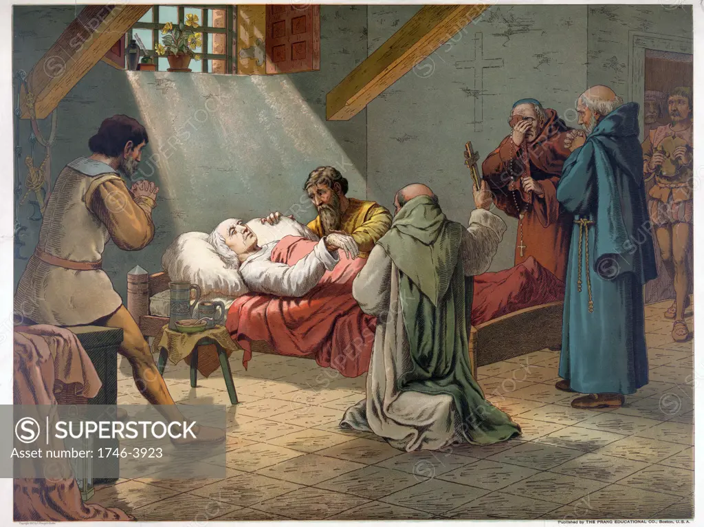 Christopher Columbus (c1451-1506) Genoese navigator and explorer on his deathbed at Valladolid. Religion Christian Priest America. Chromolithograph 1893.
