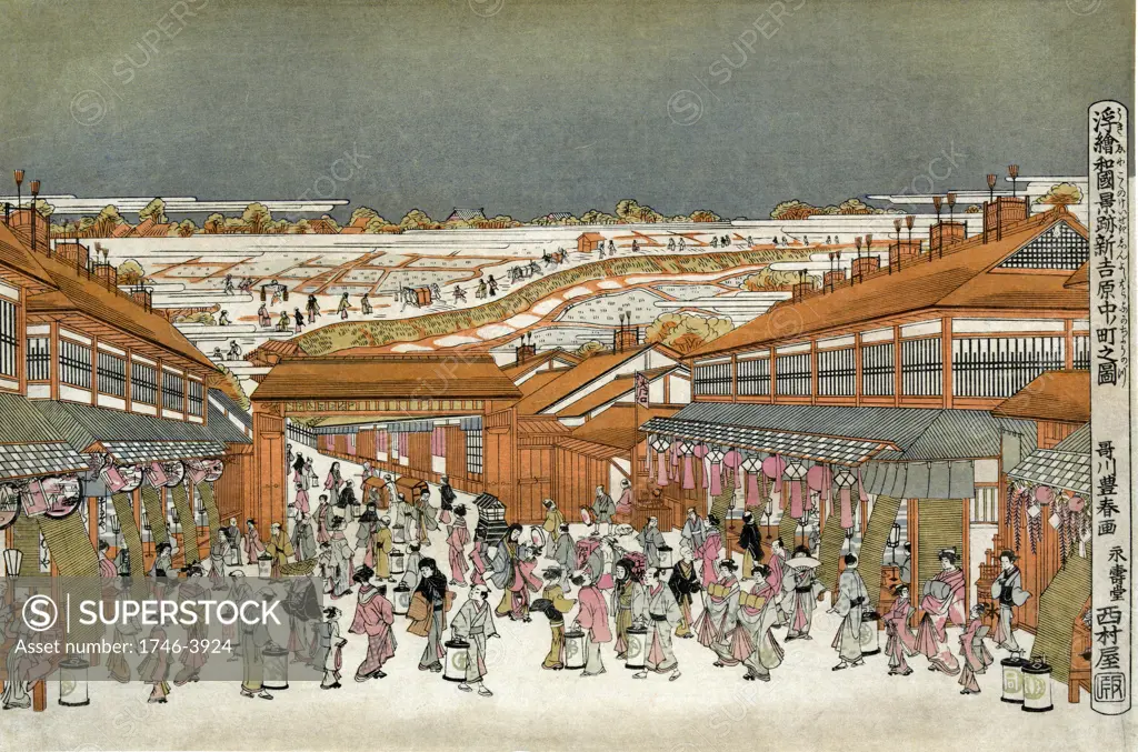 Perspective views of famous place of Japan: Nakanocho in Shin-Yoshiwaro, c1775. Utagawa Toyoharu (1735-1814) Japanese Ukiyo-e artist. Teahouses and shops lining busy boulevard at night by gate of the pleasure district of Tokyo.