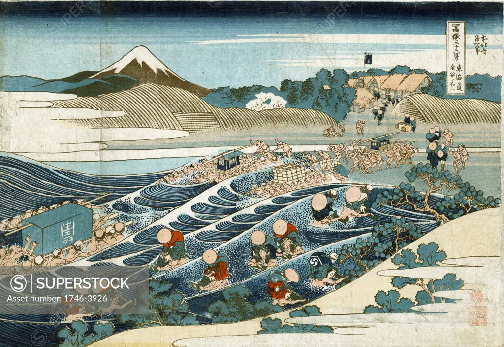 Fuji at Kanaya on the Tokaido Road. From 'Thirty-six Views of Mount Fuji', c1831. Katsushika Hokusai (1760-1849)  Japanese Ukiyo-e artist.  Porters carrying litter, sedan chairs, goods and individuals across the Oi River.  Water Ford
