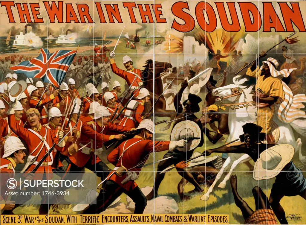 The War in the Soudan', poster for a Barnum and Bailey circus production 'The Mahdi, or, For the Victoria Cross', 1897, showing British and Mahdist troops fighting. Anglo-Sudan War (Mahdist War) 1881-1899, Northeast Africa.