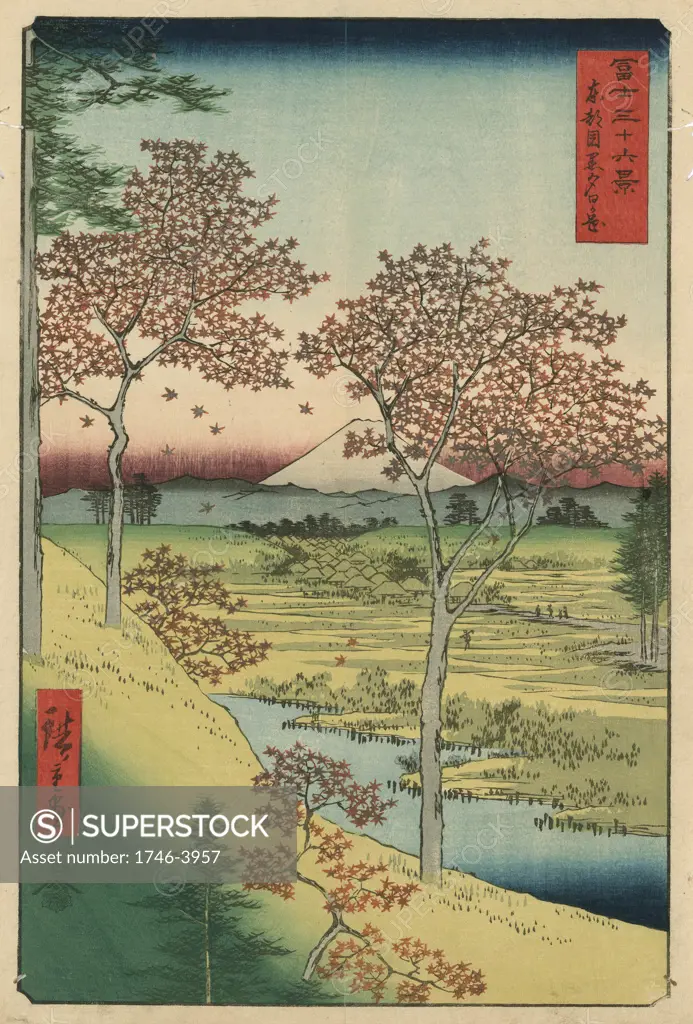 Twilight Hill at Meguro: From 'Thirty-six View of Mount Fuji'  1858. Utagawa Hiroshige (1797-1858) Japanese Ukiyo-e artist. Fuji seen from Meguro, Tokyo, red maple trees in foreground. Landscape with streams a  village.